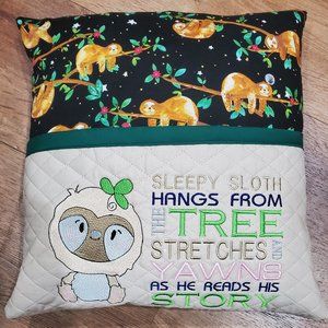 Sleepy Sloth Reading Book Pocket Pillow 16"x16"